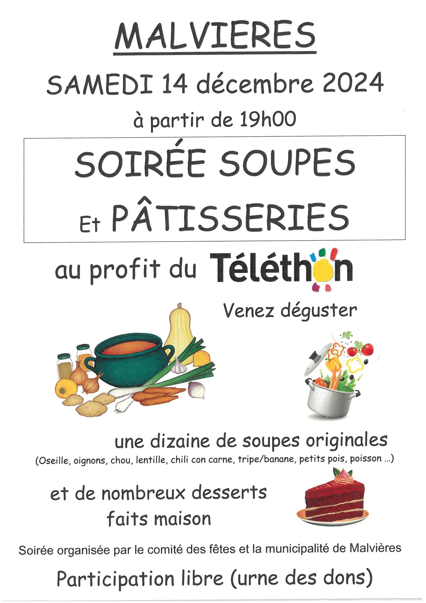 EVE-Téléthon: Soirée soupes et pâtisseries_Malvières-Affiche