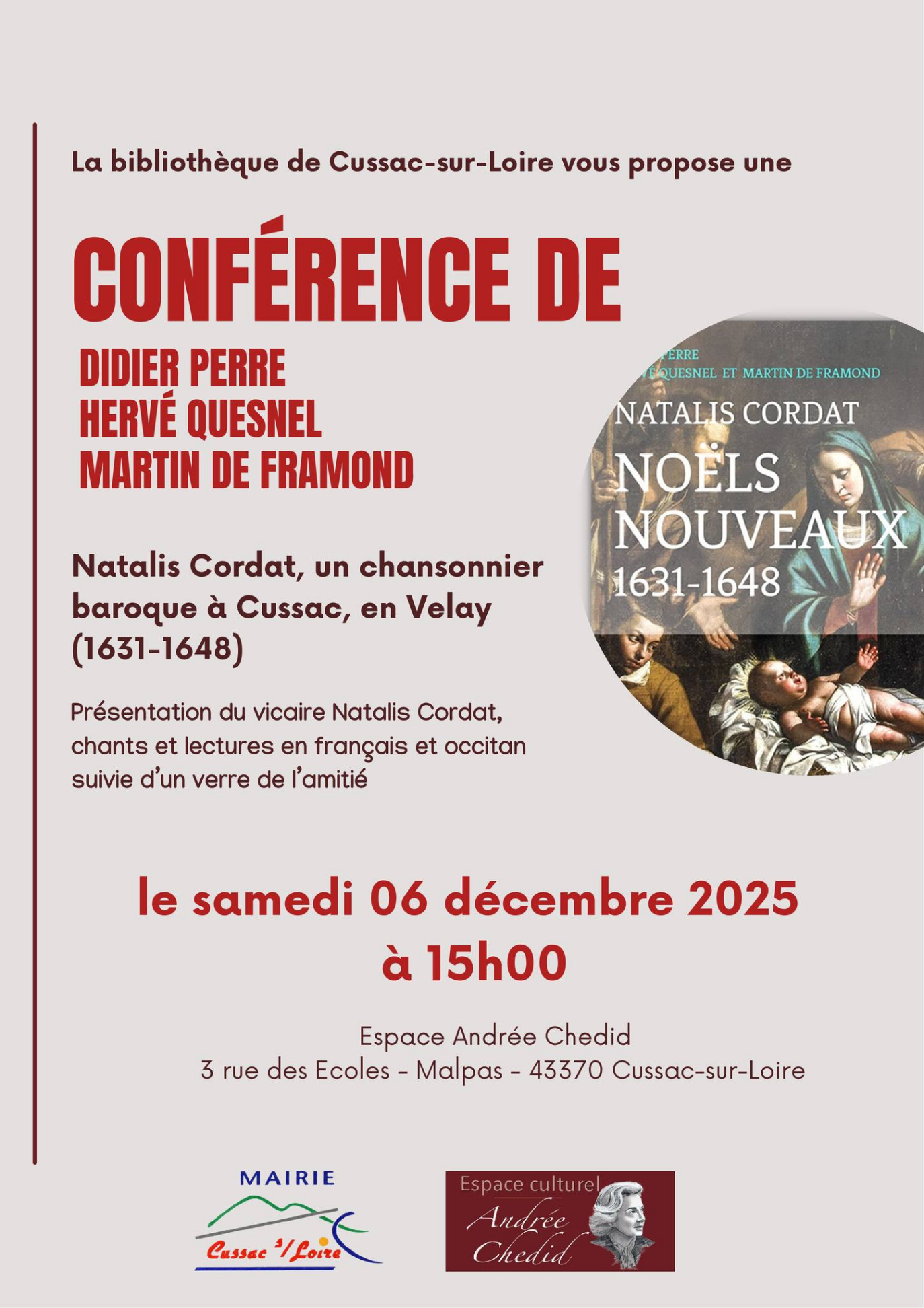 EVE_Conférence : Natalis Cordat, un chansonnier baroque à Cussac, en Velay (1631-1648)_Cussac-sur-Loire