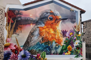 Oiseau, fleurs de printemps et coucher de soleil compose la fresque