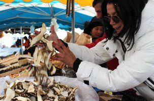 Une vendeuse de champignon à Saint-Bonnet-le-Froid