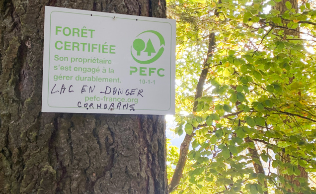 "Lac en danger cormoran" inscrit sur différents panneaux du lieu