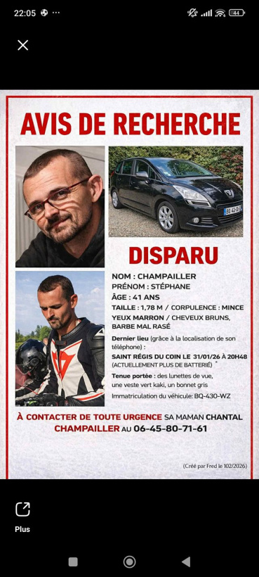 L'avis de recherche de Stéphane Champailler