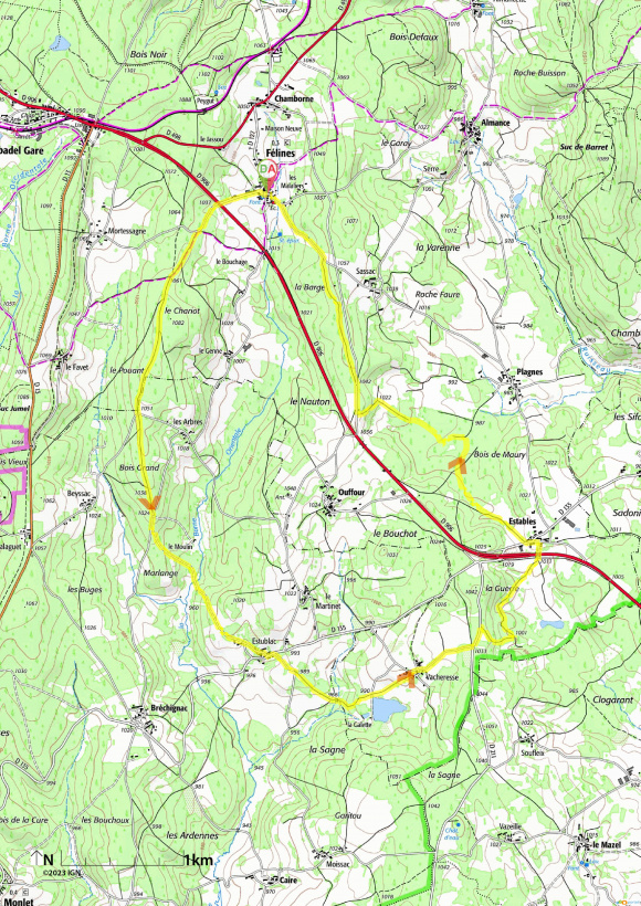 Le parcours en jaune des sources de la Borne le 16 juillet 2023 prochain