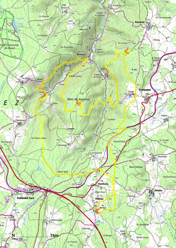 Le parcours en jaune du Trail Born' et Dore le 16 juillet 2023 prochain