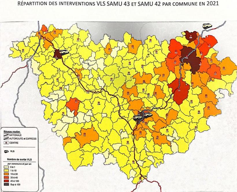 Carte des interventions VLS SAMU (42 et 43) par commune en 2021.