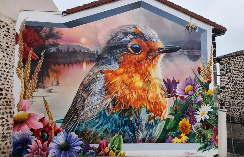 Oiseau, fleurs de printemps et coucher de soleil compose la fresque