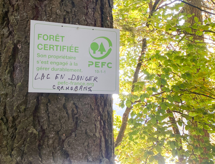 "Lac en danger cormoran" inscrit sur différents panneaux du lieu