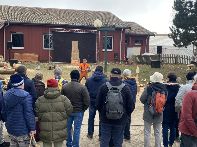 Un sculpteur sur bois fait le show pour le public