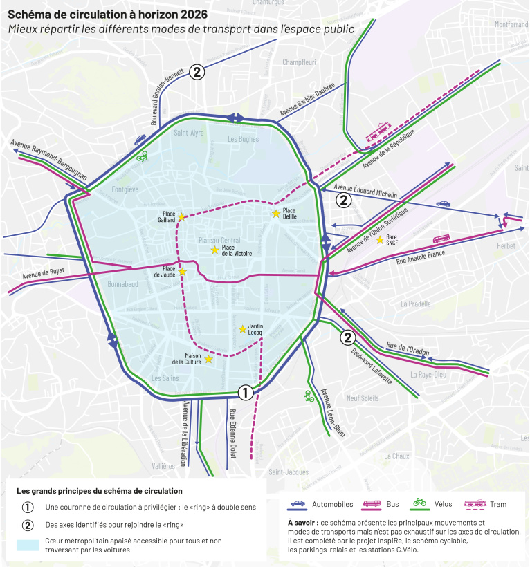 Le schéma de circulation à horizon 2026 de la Ville de Clermont-Ferrand.