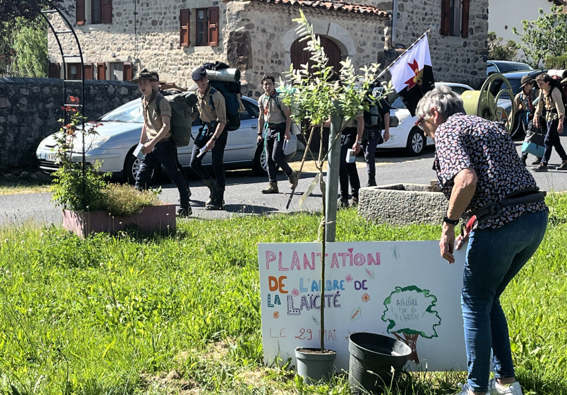 Pendant que les scouts d'Europe rejoignent Jésus, un arbre de la laïcité est planté. 