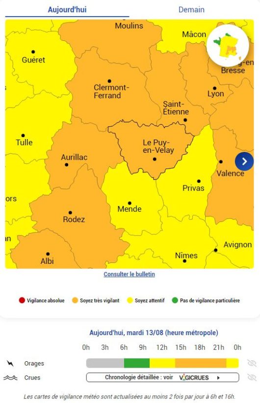 La Haute-Loire placé en vigilance orange aux orages ce mardi 13 août.